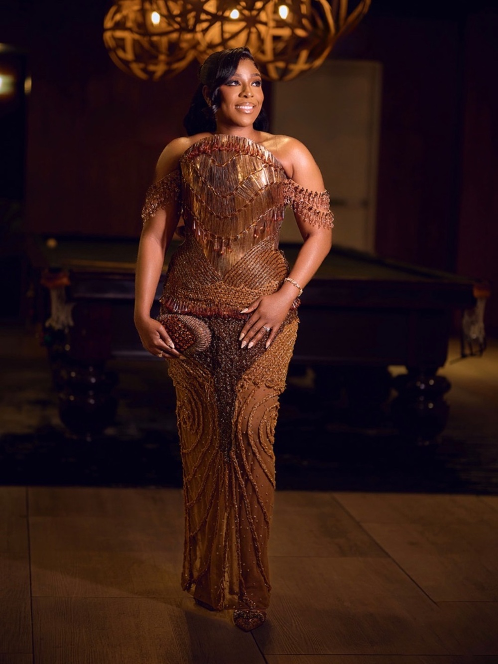 Fully beaded gold and brown sequin gown